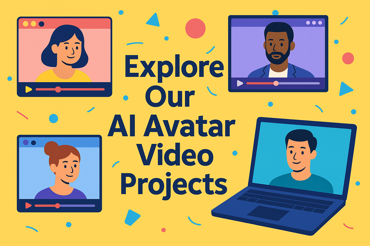 Illustrated AI avatar video thumbnails with diverse characters and the text 'Explore Our AI Avatar Video Projects' – promoting Business AI Studio's completed work.