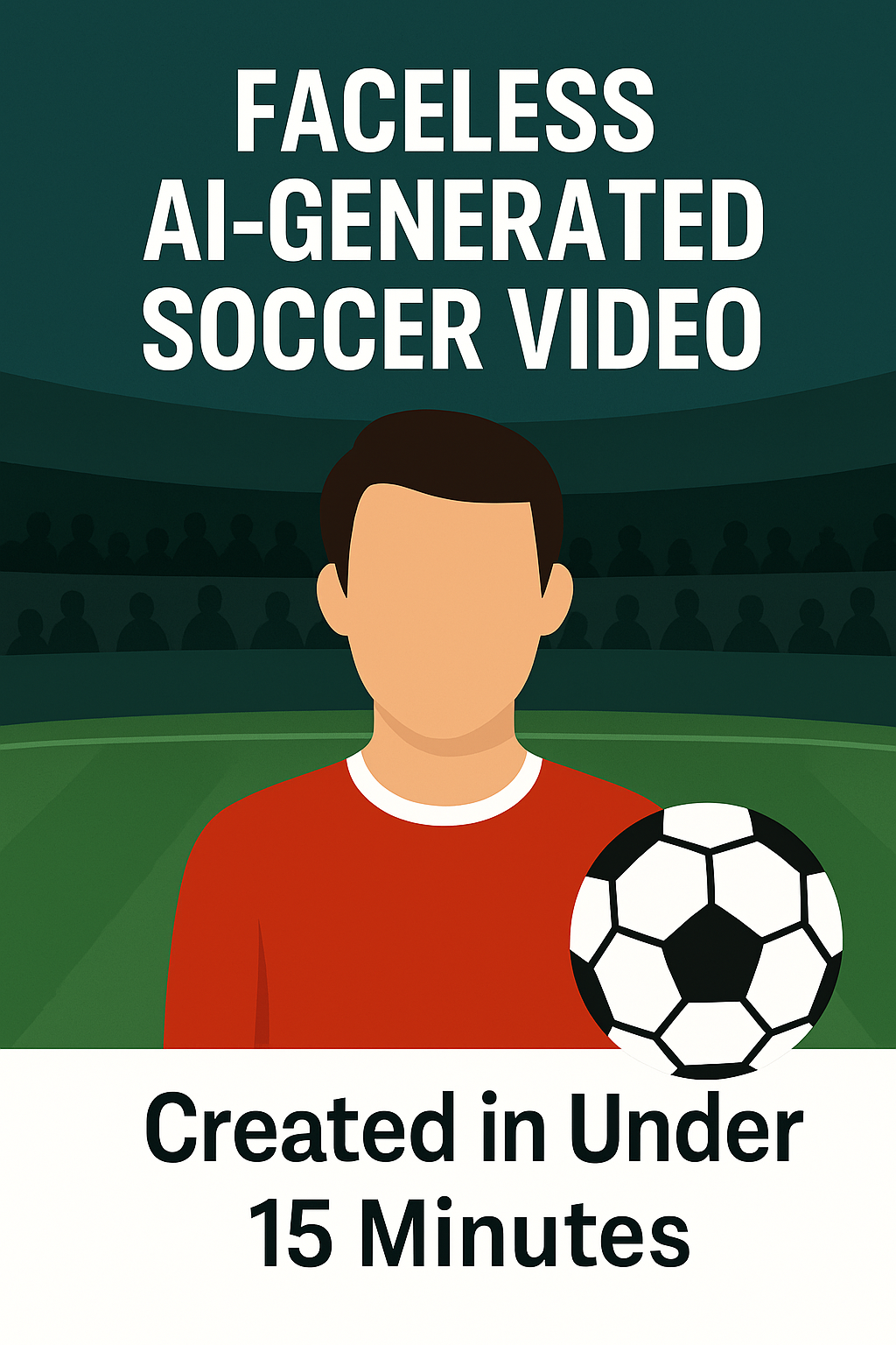Digital graphic with a faceless avatar in a red football shirt standing on a green pitch, alongside a football under stadium lights. Text promotes fast AI video creation with a football theme.