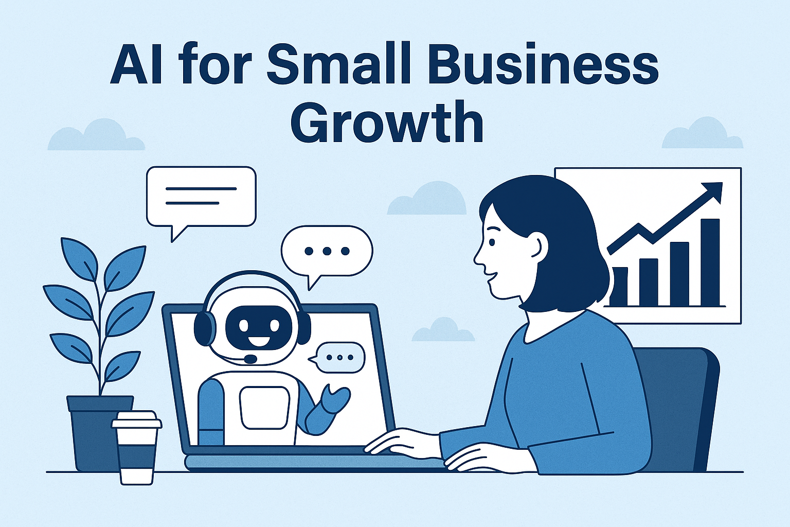AI chatbot assisting a small business owner at a desk with growth chart in background – concept of AI for small business growth.