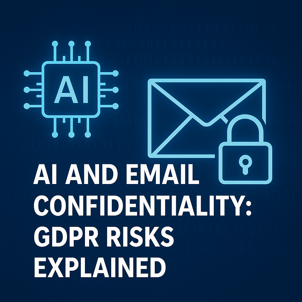 Illustration showing AI, an email envelope, and a GDPR shield, symbolising AI email security and GDPR compliance.